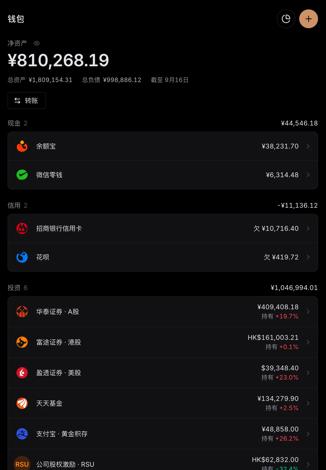 钱包页:净资产、总资产与总负债,下面按现金、信用、投资分组列出余额宝、微信零钱、招商银行信用卡、花呗与各家券商账户